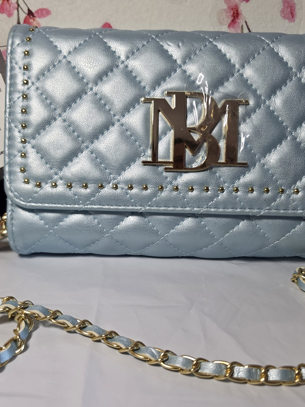 Badgley Mischka Quilted Powder Blue Crossbody with Gold Hardware